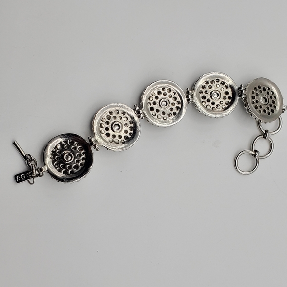 GS Silver Tone Green Rhinestone Bracelet Enamel Link Fashion Jewelry 7 1/2" - Picture 5 of 10